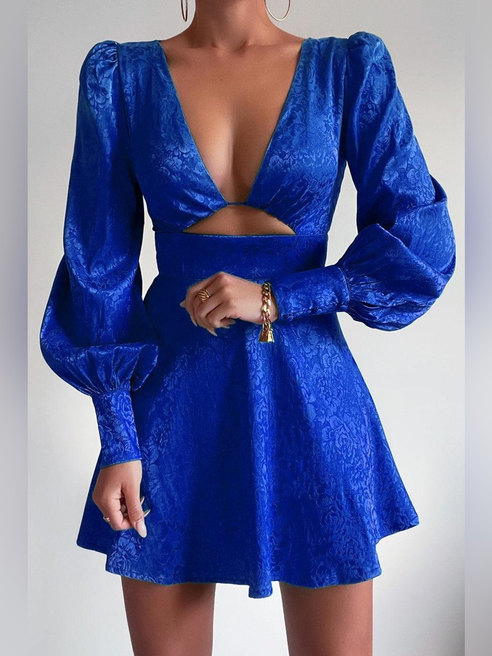 Blue Cutout Mini Dress with Puff Sleeves JAUS Seven Wonders